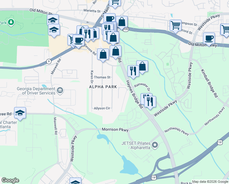 map of restaurants, bars, coffee shops, grocery stores, and more near 440 Jon Scott Drive in Alpharetta