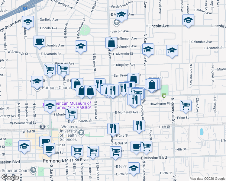 map of restaurants, bars, coffee shops, grocery stores, and more near 528 East Pasadena Street in Pomona