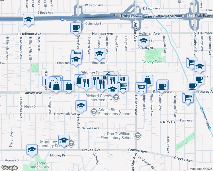 map of restaurants, bars, coffee shops, grocery stores, and more near 3023 Jackson Avenue in Rosemead