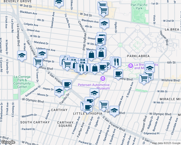 map of restaurants, bars, coffee shops, grocery stores, and more near 6205 Wilshire Boulevard in Los Angeles
