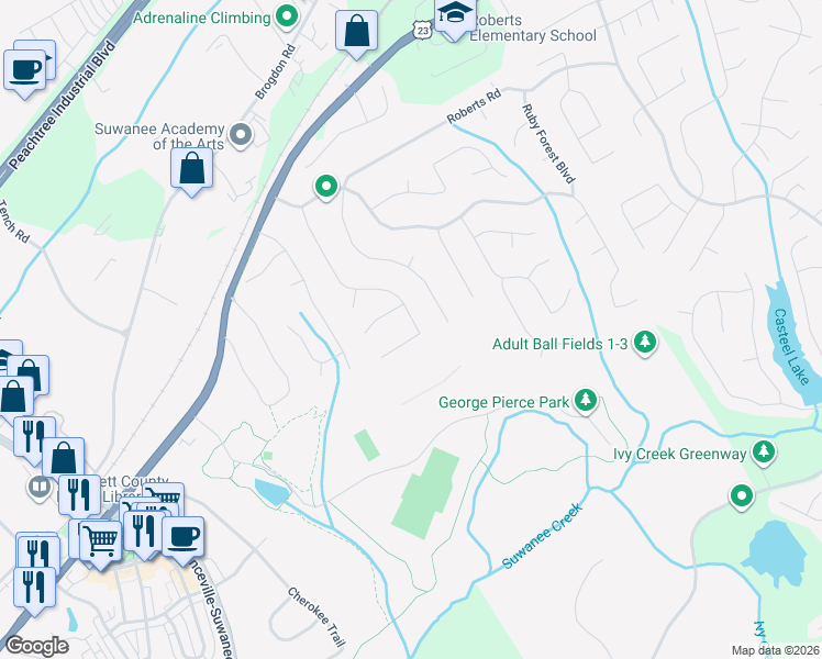 map of restaurants, bars, coffee shops, grocery stores, and more near 3935 Cherry Ridge Walk in Suwanee