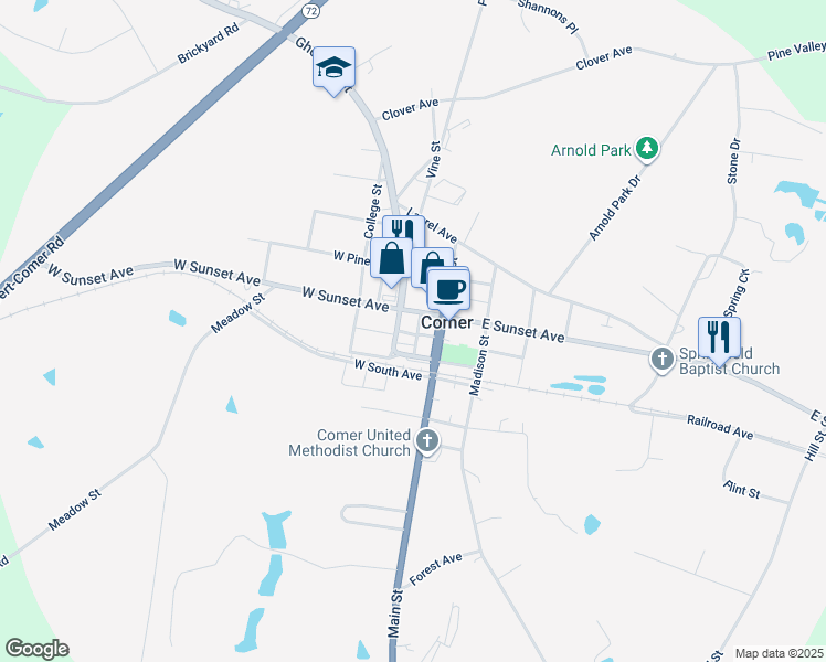 map of restaurants, bars, coffee shops, grocery stores, and more near 1959 Center Street in Comer