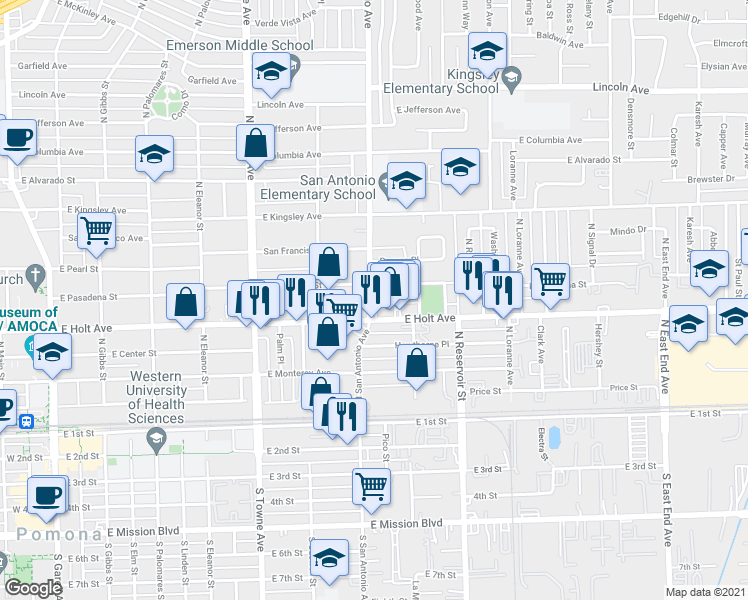 map of restaurants, bars, coffee shops, grocery stores, and more near 550 North San Antonio Avenue in Pomona