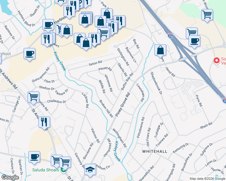 map of restaurants, bars, coffee shops, grocery stores, and more near 222 Vincenne Road in Columbia