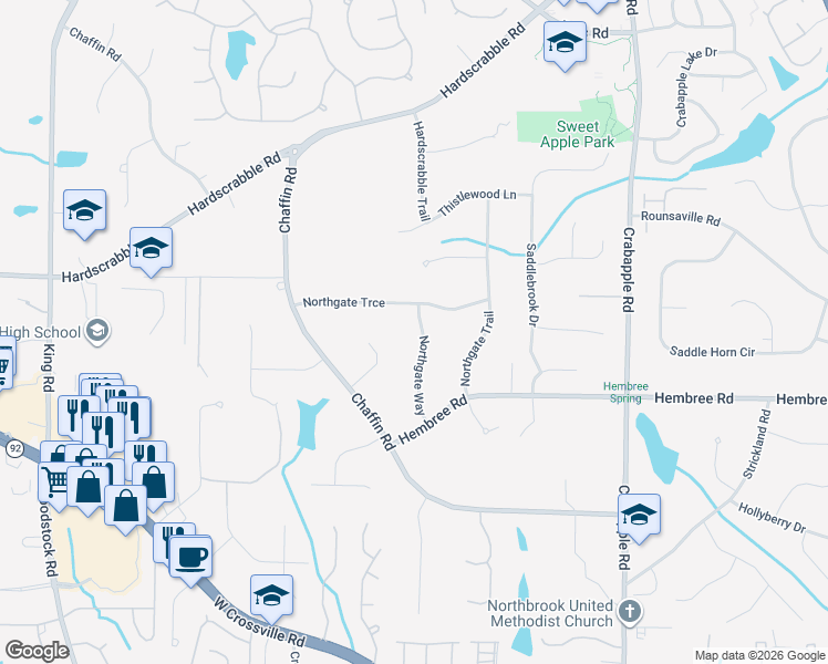 map of restaurants, bars, coffee shops, grocery stores, and more near 11610 Northgate Way in Roswell