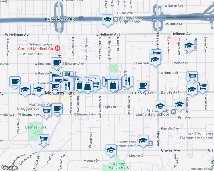 map of restaurants, bars, coffee shops, grocery stores, and more near 121 N Sierra Vista St in Monterey Park