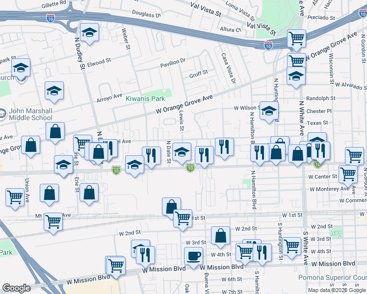map of restaurants, bars, coffee shops, grocery stores, and more near 642 North Lewis Street in Pomona