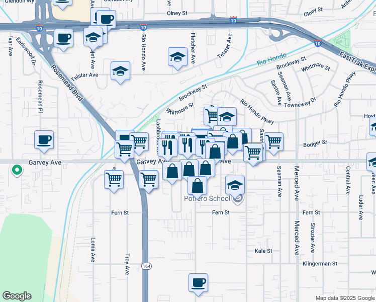 map of restaurants, bars, coffee shops, grocery stores, and more near 9571 Garvey Avenue in South El Monte