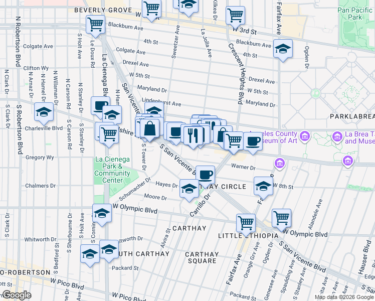 map of restaurants, bars, coffee shops, grocery stores, and more near 6420 Wilshire Boulevard in Los Angeles