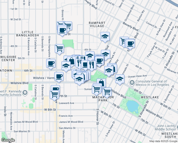 map of restaurants, bars, coffee shops, grocery stores, and more near 620 South Virgil Avenue in Los Angeles