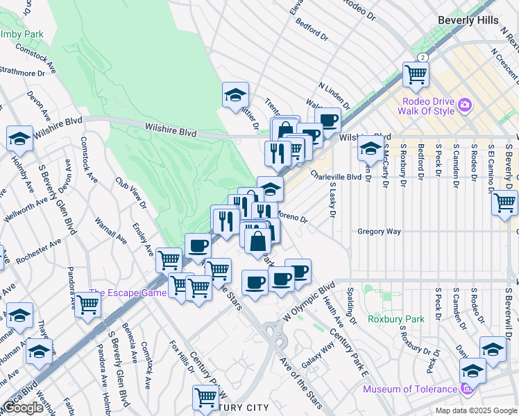 map of restaurants, bars, coffee shops, grocery stores, and more near 10000 Santa Monica Boulevard in Los Angeles