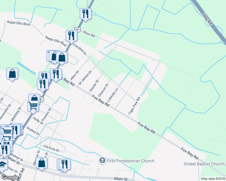 map of restaurants, bars, coffee shops, grocery stores, and more near 510 Loblolly Lane in Loris