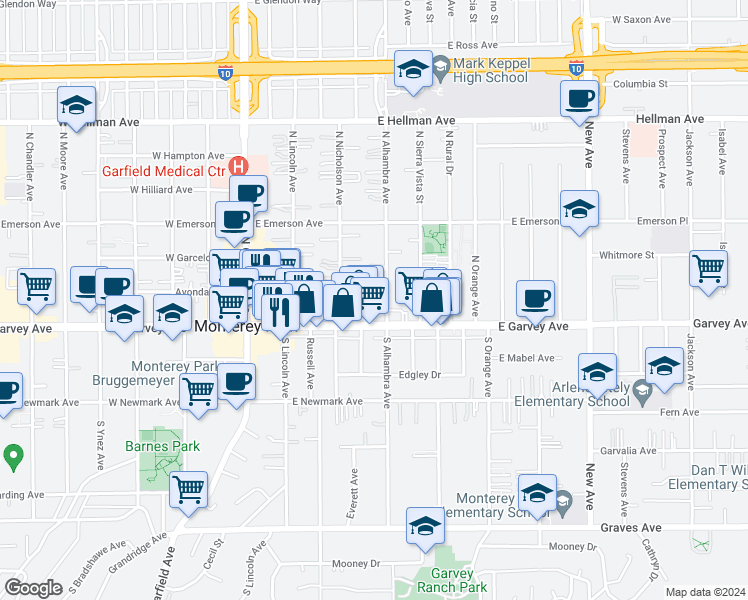 map of restaurants, bars, coffee shops, grocery stores, and more near 125 North Alhambra Avenue in Monterey Park