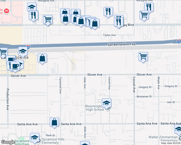 map of restaurants, bars, coffee shops, grocery stores, and more near 17744 Slover Avenue in Bloomington