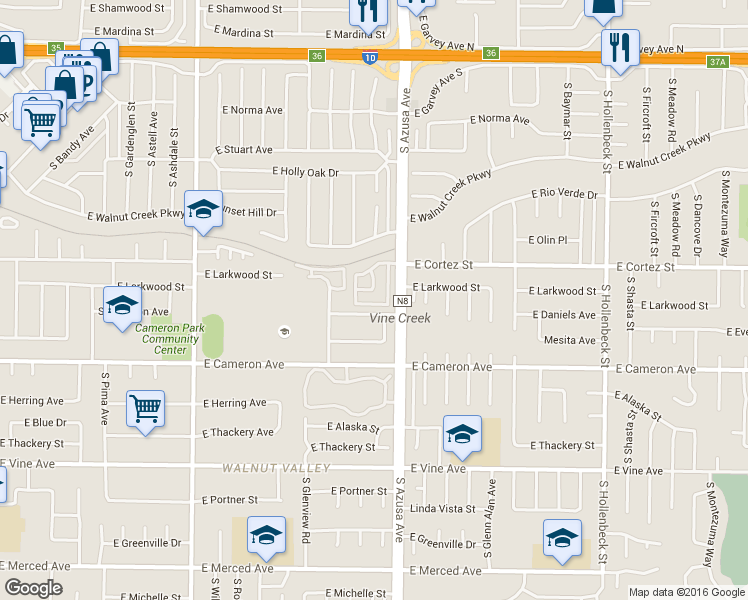 map of restaurants, bars, coffee shops, grocery stores, and more near 1741 Cabrillo Street in West Covina