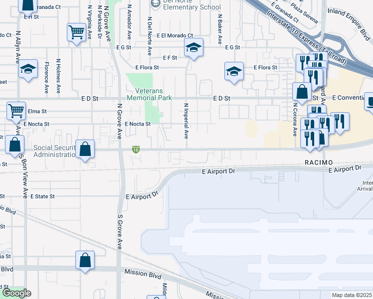 map of restaurants, bars, coffee shops, grocery stores, and more near E Holt Blvd & N Imperial Ave in Ontario