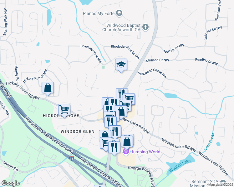 map of restaurants, bars, coffee shops, grocery stores, and more near 4521 Wade Green Road in Acworth