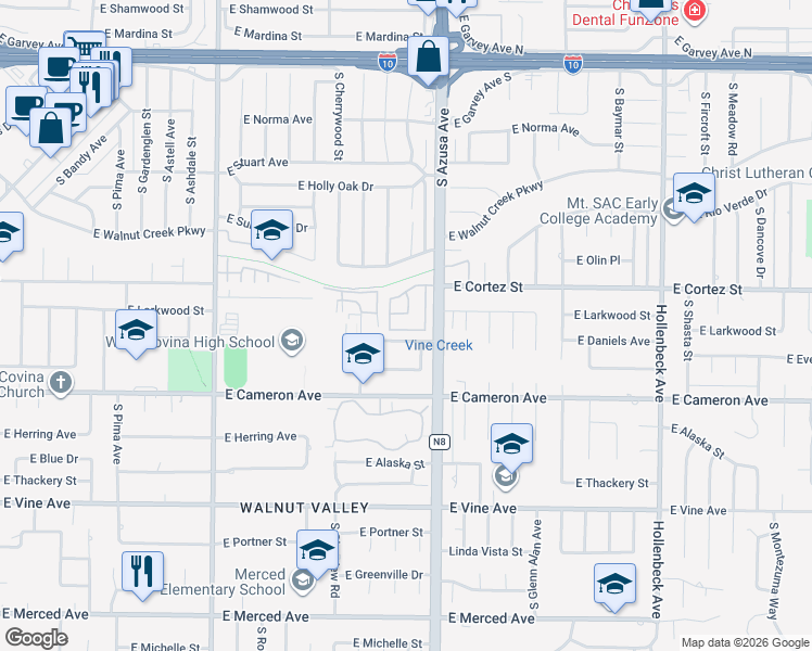 map of restaurants, bars, coffee shops, grocery stores, and more near 1717 Cabrillo Street in West Covina