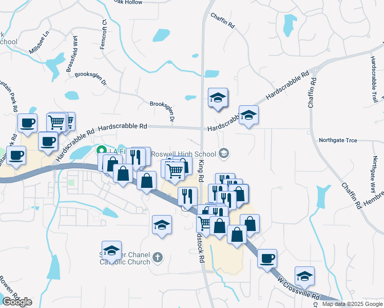 map of restaurants, bars, coffee shops, grocery stores, and more near 765 Kingridge Drive in Roswell