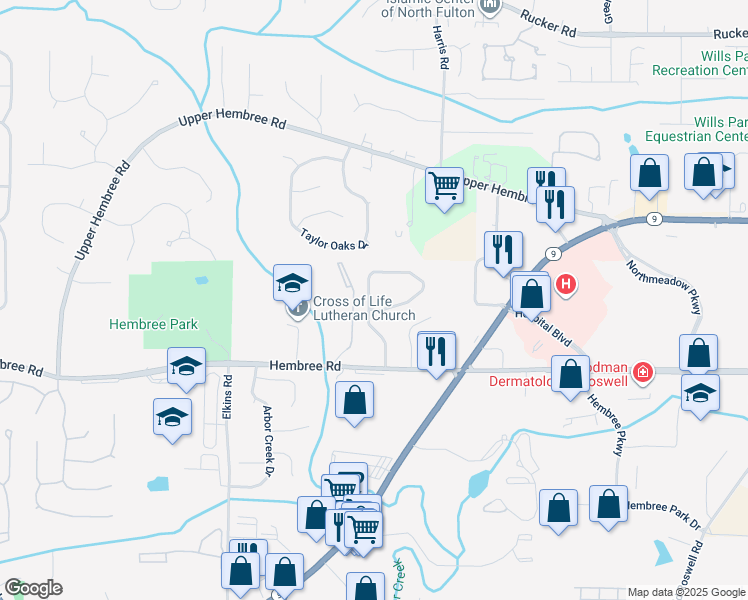 map of restaurants, bars, coffee shops, grocery stores, and more near 225 Hembree Forest Circle in Roswell