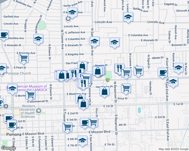 map of restaurants, bars, coffee shops, grocery stores, and more near 550 North San Antonio Avenue in Pomona
