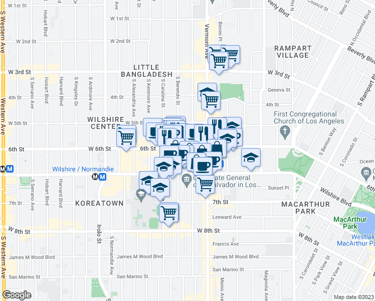 map of restaurants, bars, coffee shops, grocery stores, and more near 603 South New Hampshire Avenue in Los Angeles