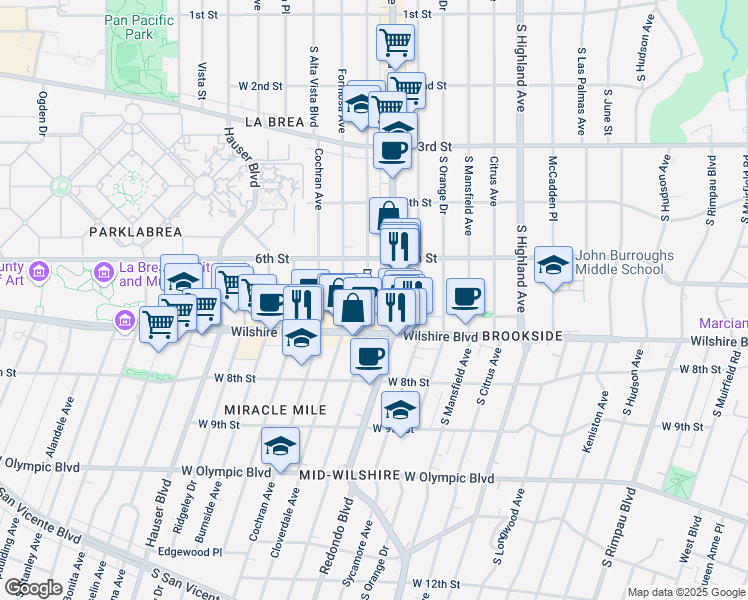 map of restaurants, bars, coffee shops, grocery stores, and more near 650 South Detroit Street in Los Angeles