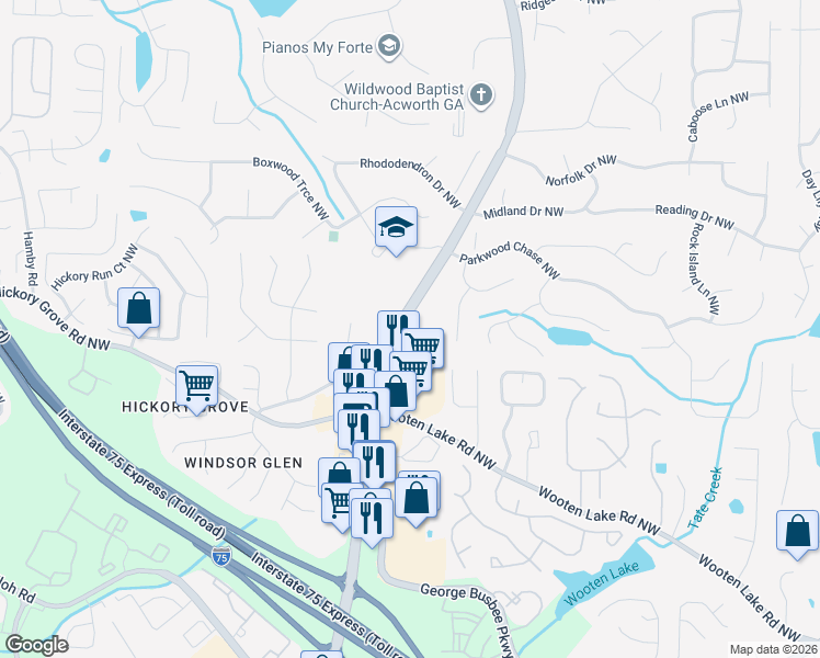 map of restaurants, bars, coffee shops, grocery stores, and more near 4556 Wade Green Road Northwest in Acworth