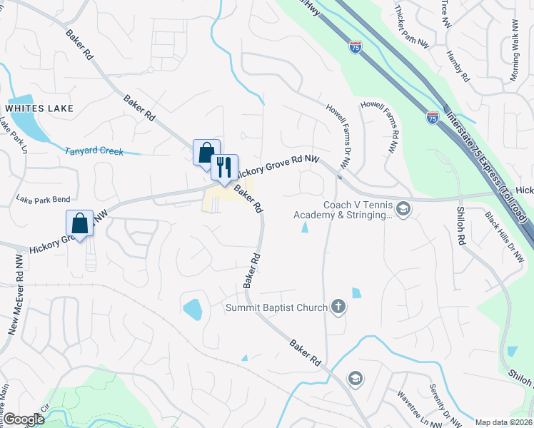 map of restaurants, bars, coffee shops, grocery stores, and more near 2494 Baker Road in Acworth