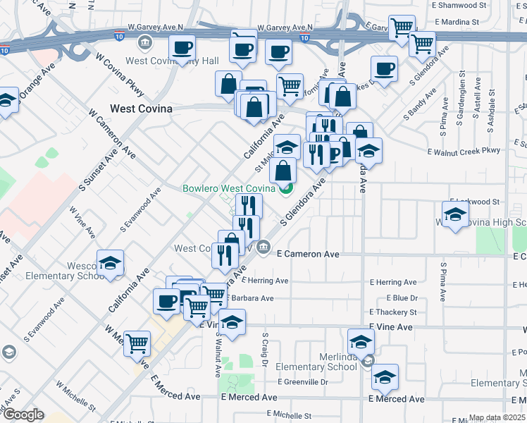 map of restaurants, bars, coffee shops, grocery stores, and more near 828 West Service Avenue in West Covina