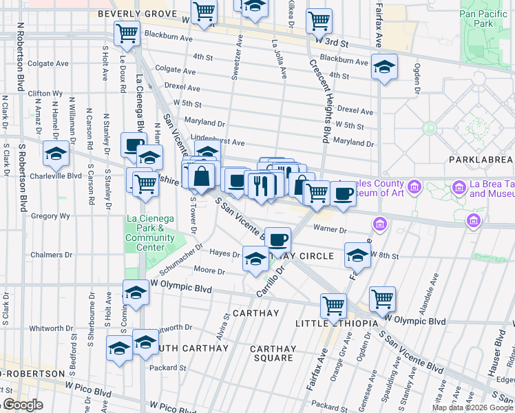 map of restaurants, bars, coffee shops, grocery stores, and more near 6420 Wilshire Boulevard in Los Angeles