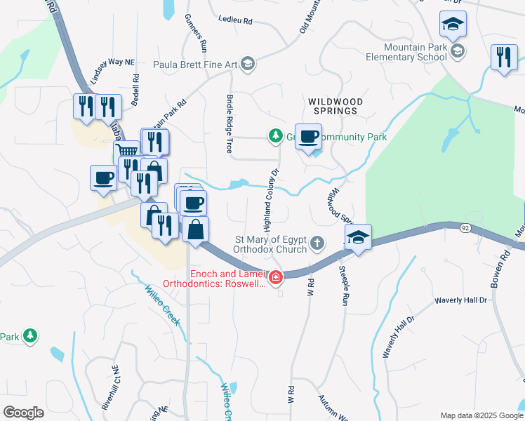 map of restaurants, bars, coffee shops, grocery stores, and more near 11680 Highland Colony Drive in Roswell