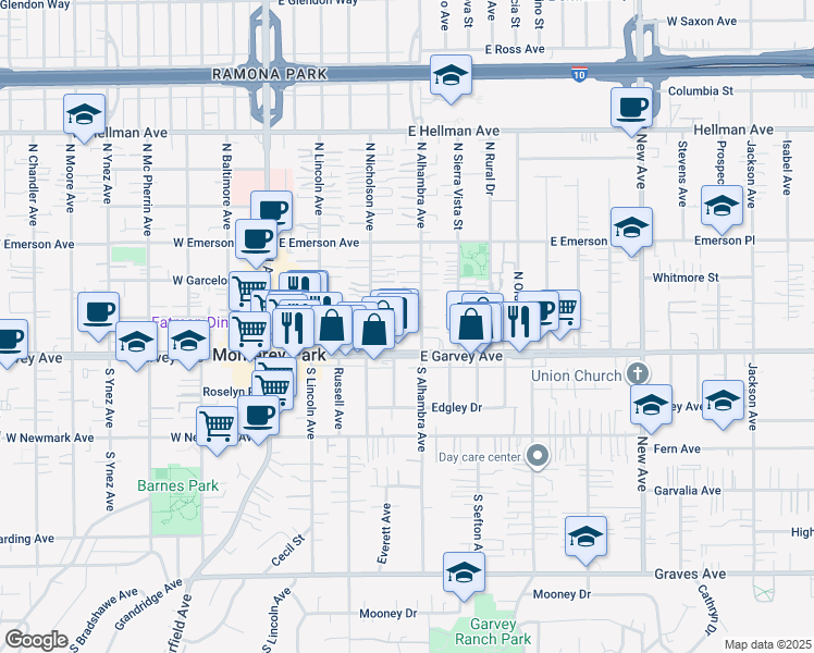 map of restaurants, bars, coffee shops, grocery stores, and more near 123 North Alhambra Avenue in Monterey Park