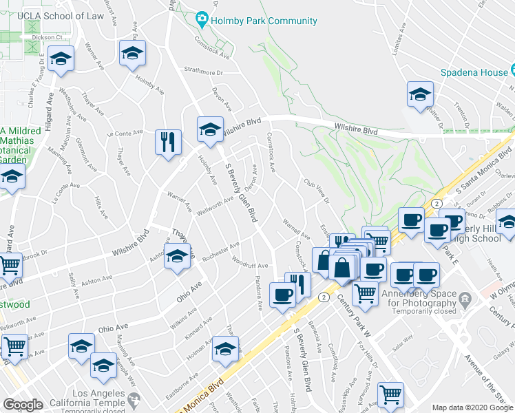map of restaurants, bars, coffee shops, grocery stores, and more near 1340 South Beverly Glen Boulevard in Los Angeles