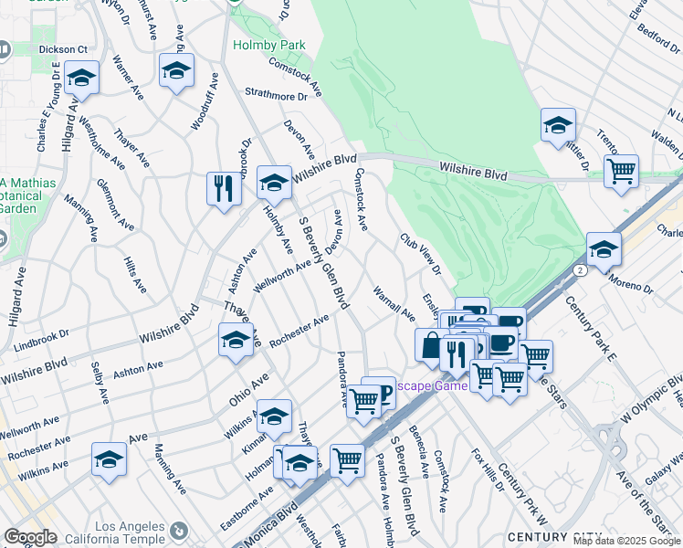 map of restaurants, bars, coffee shops, grocery stores, and more near 1340 South Beverly Glen Boulevard in Los Angeles