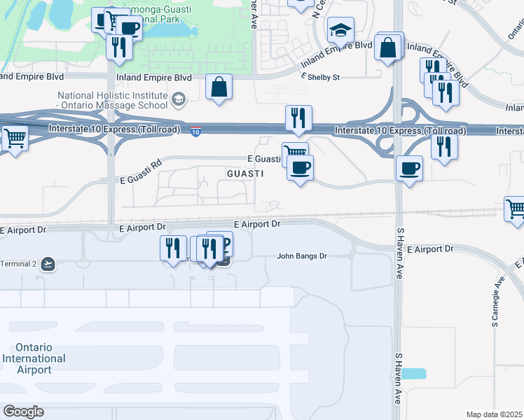 map of restaurants, bars, coffee shops, grocery stores, and more near 134 North Turner Avenue in Ontario