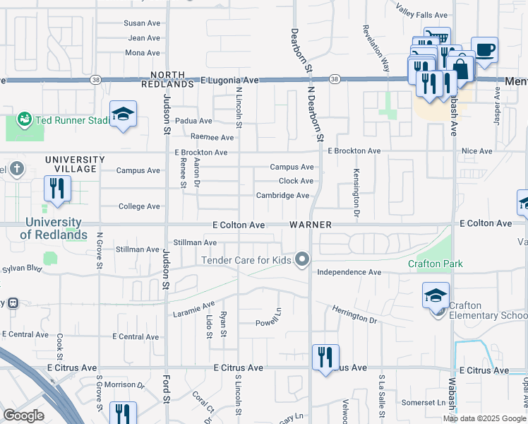 map of restaurants, bars, coffee shops, grocery stores, and more near 871 Cardinal Lane in Redlands