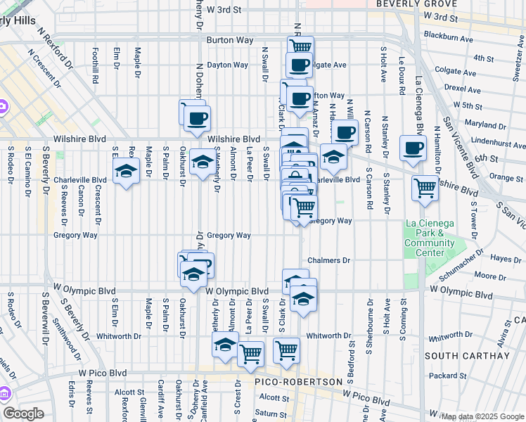 map of restaurants, bars, coffee shops, grocery stores, and more near 241 South Swall Drive in Beverly Hills