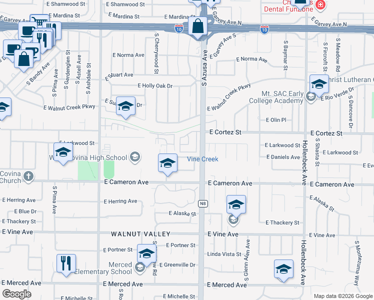 map of restaurants, bars, coffee shops, grocery stores, and more near 1717 Cabrillo Street in West Covina