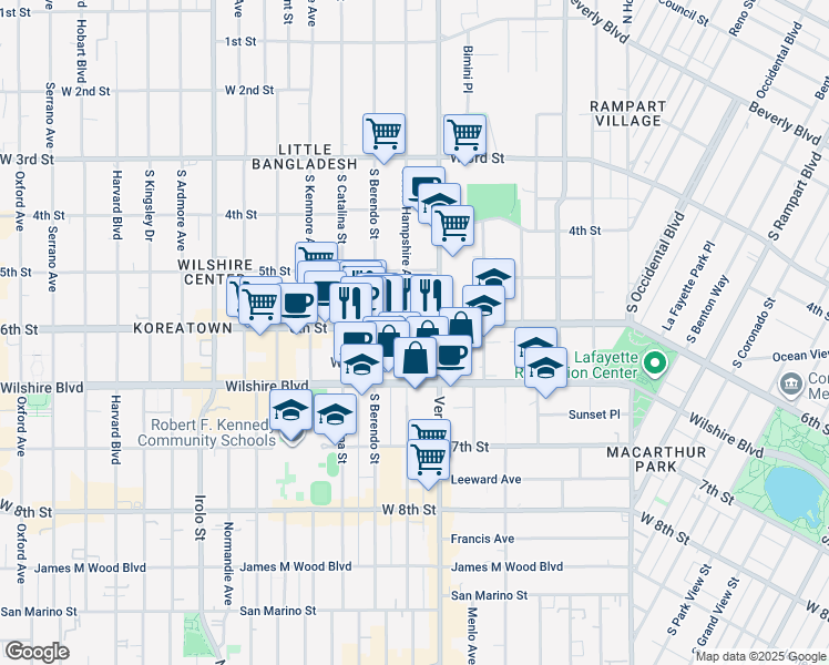 map of restaurants, bars, coffee shops, grocery stores, and more near 603 South New Hampshire Avenue in Los Angeles