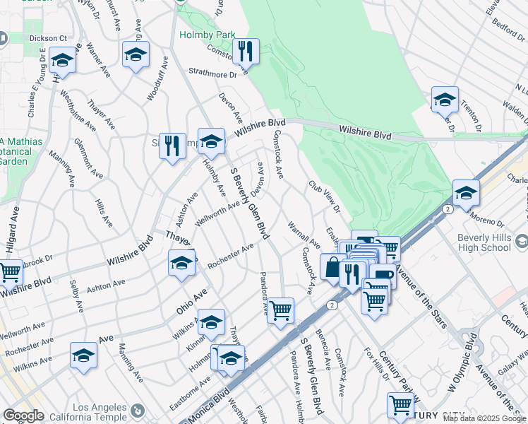 map of restaurants, bars, coffee shops, grocery stores, and more near 1340 South Beverly Glen Boulevard in Los Angeles