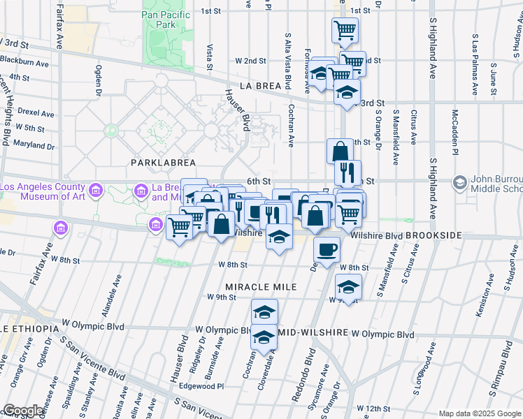 map of restaurants, bars, coffee shops, grocery stores, and more near 648 South Burnside Avenue in Los Angeles