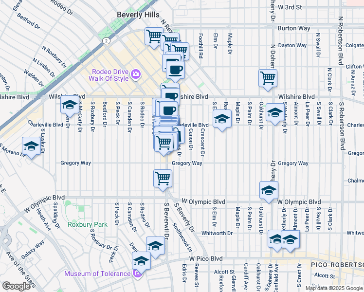 map of restaurants, bars, coffee shops, grocery stores, and more near 240 South Reeves Drive in Beverly Hills
