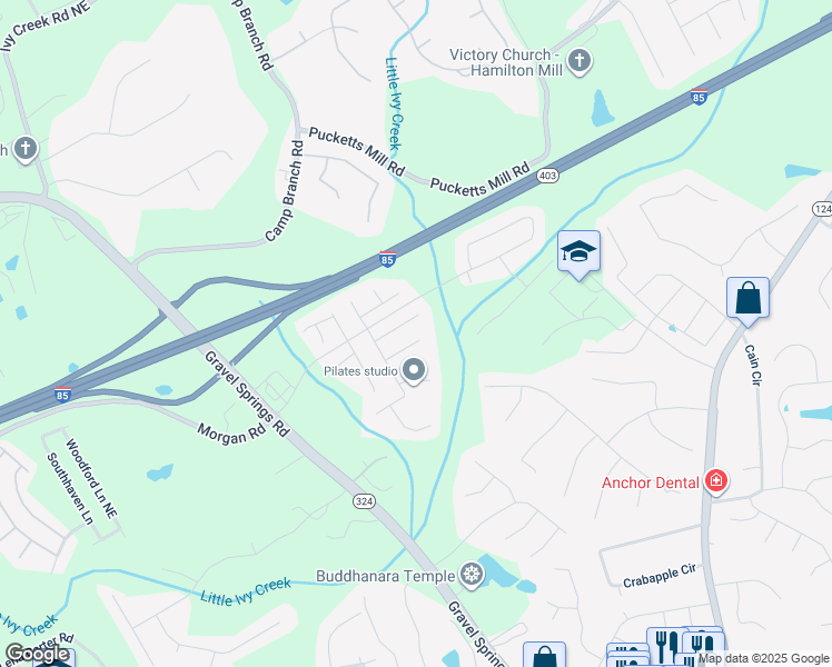 map of restaurants, bars, coffee shops, grocery stores, and more near 2285 Morgan Farm Drive in Buford