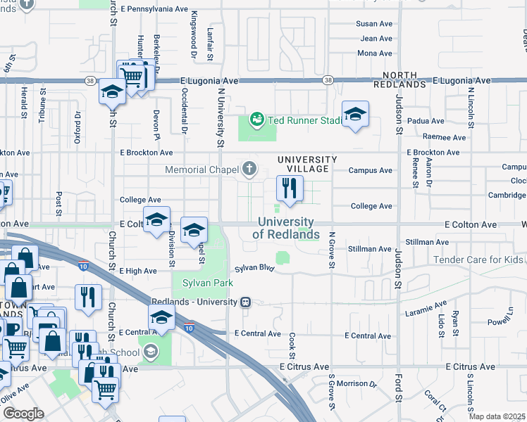 map of restaurants, bars, coffee shops, grocery stores, and more near 113 East Drive in Redlands