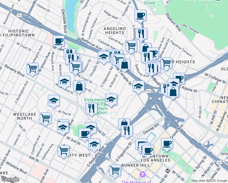 map of restaurants, bars, coffee shops, grocery stores, and more near 1223 West Court Street in Los Angeles