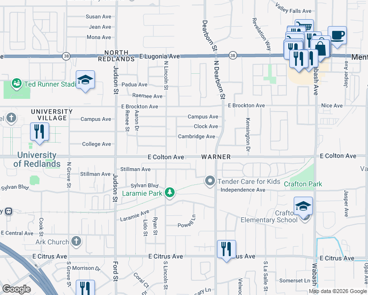 map of restaurants, bars, coffee shops, grocery stores, and more near 871 Cardinal Lane in Redlands