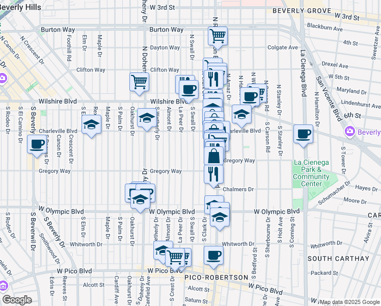 map of restaurants, bars, coffee shops, grocery stores, and more near 241 South Swall Drive in Beverly Hills