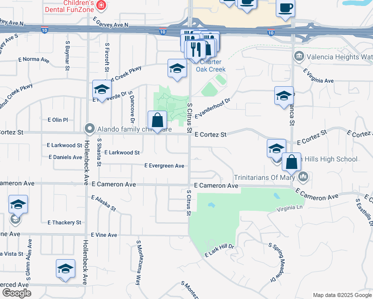 map of restaurants, bars, coffee shops, grocery stores, and more near 2551 East Larkwood Street in West Covina