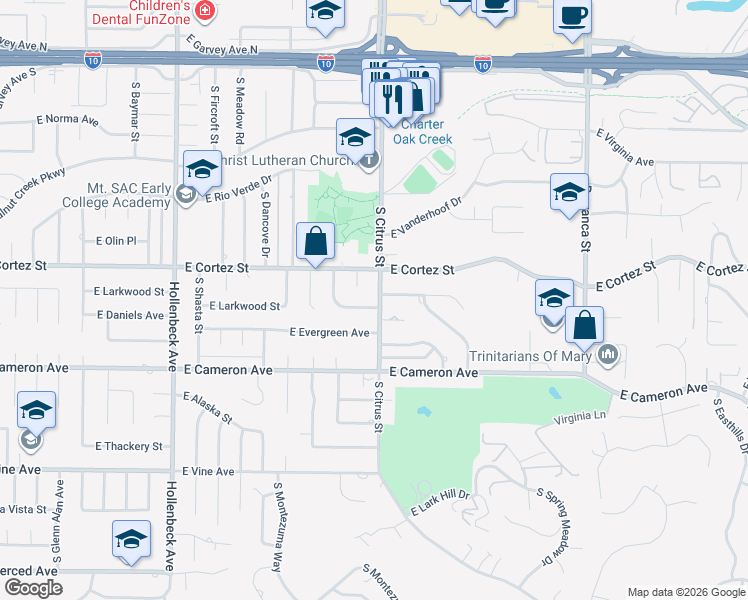 map of restaurants, bars, coffee shops, grocery stores, and more near 2537 East Larkwood Street in West Covina